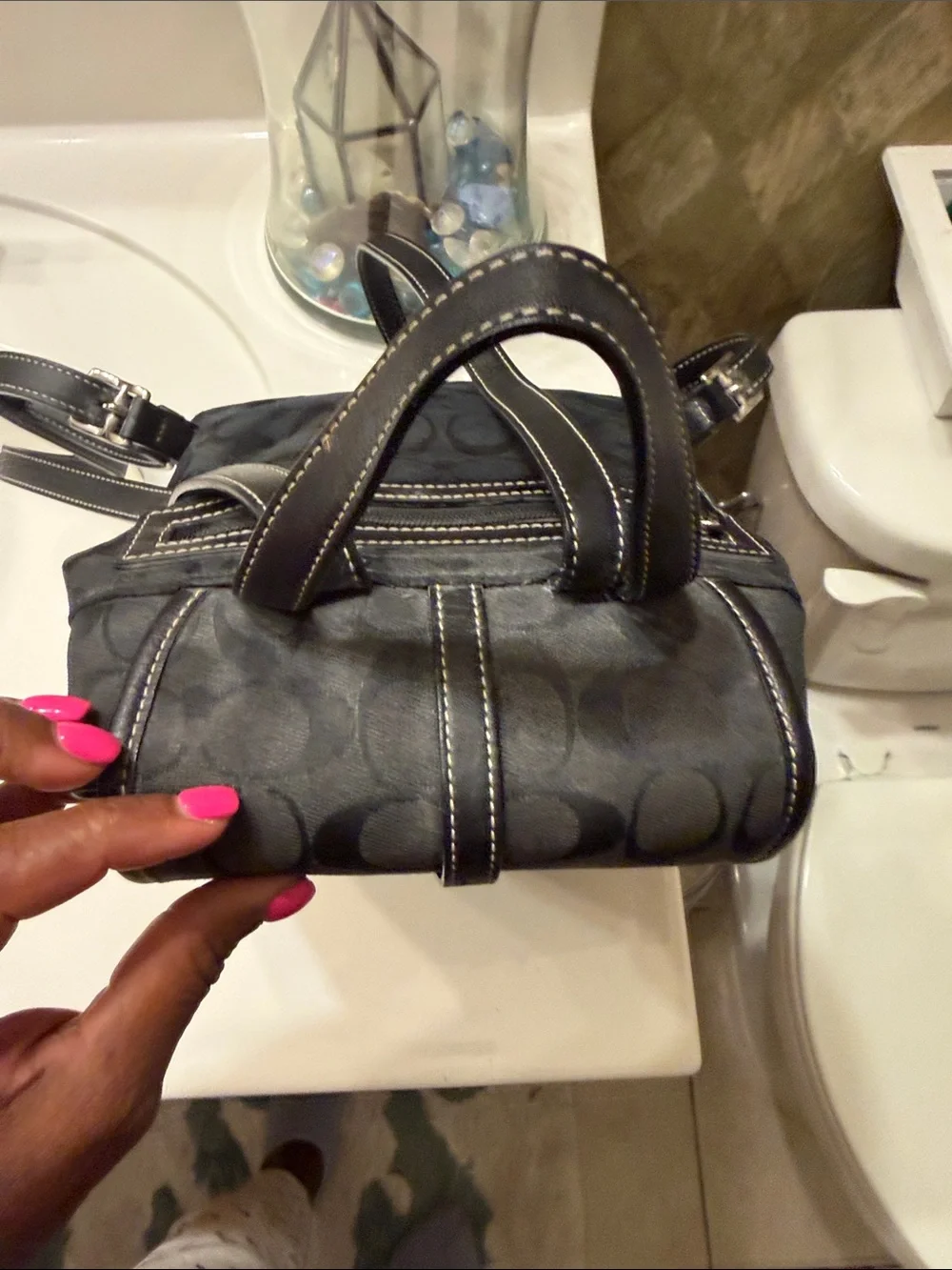 Coach Black Signature Monogram Backpack with Silver Hardware